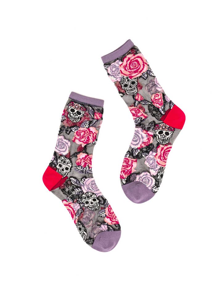 Skulls & Roses Black Sheer Crew Sock