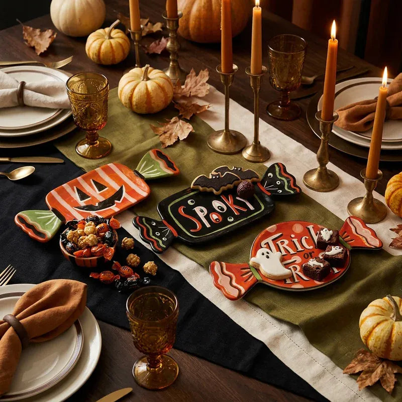 Creative Co-op Stoneware Candy Shaped Platter with Halloween Saying/Design, 3 Styles Available - Little Miss Muffin Children & Home
