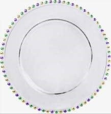 Clear Beaded 13" Charger Plate with Mardi Gras Beads