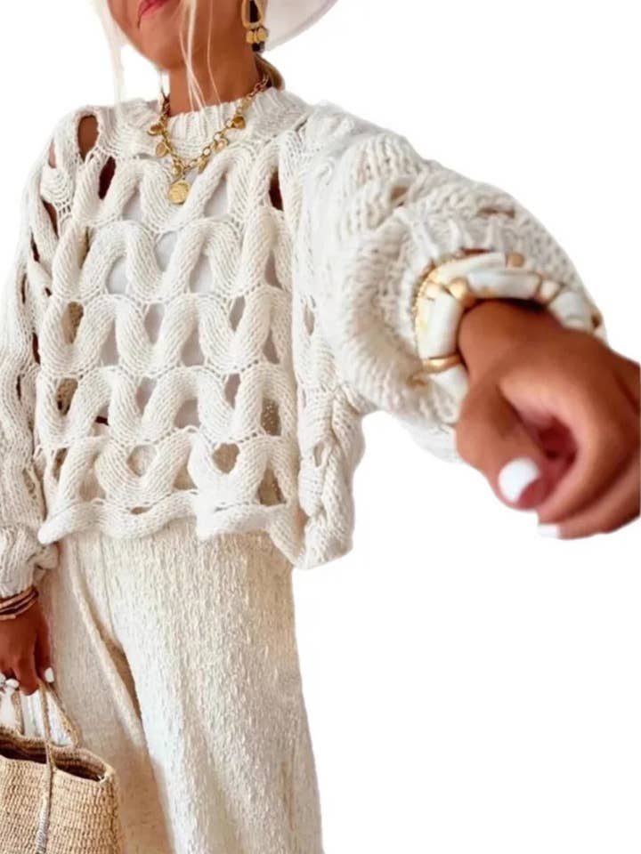 white crochet sweater over lay