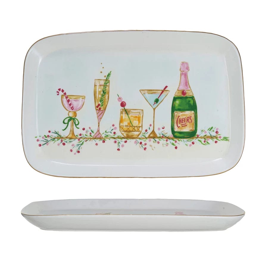 Creative Co-op Creative Co-op Stoneware Platter with Holiday Cocktails & Gold Electroplating - Little Miss Muffin Children & Home