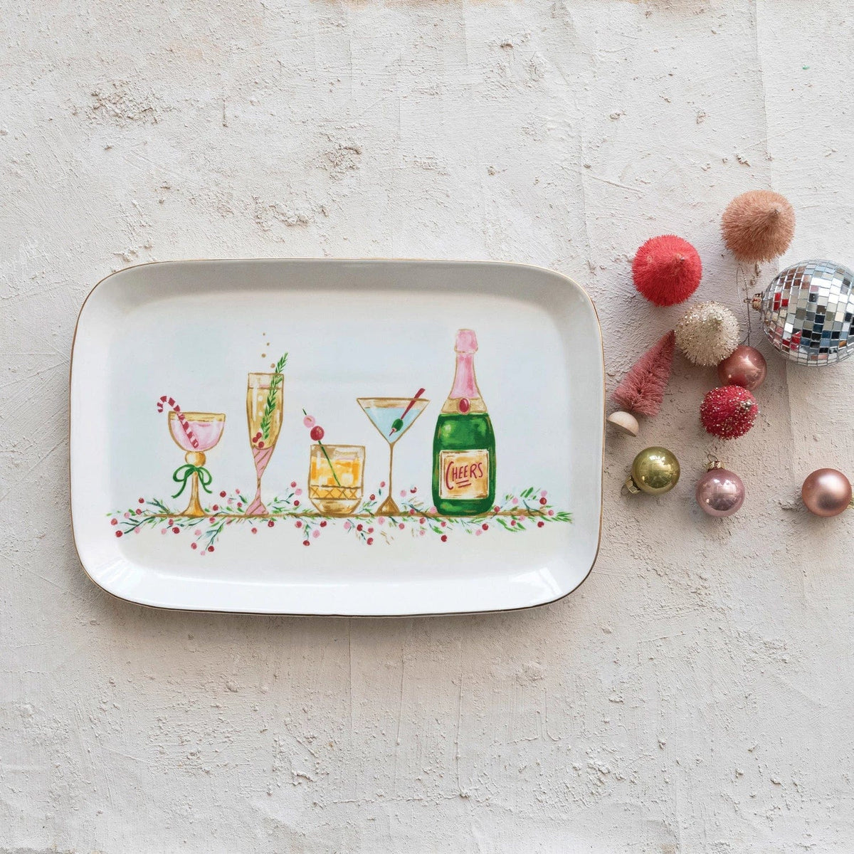 Creative Co-op Creative Co-op Stoneware Platter with Holiday Cocktails & Gold Electroplating - Little Miss Muffin Children & Home