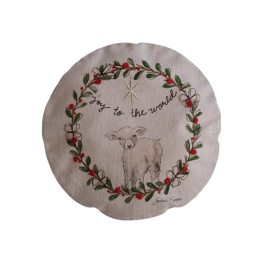 Creative Co-op Creative Co-op 16" Round Cotton Chambray Printed Pillow w/ Embroidered Wreath - Little Miss Muffin Children & Home