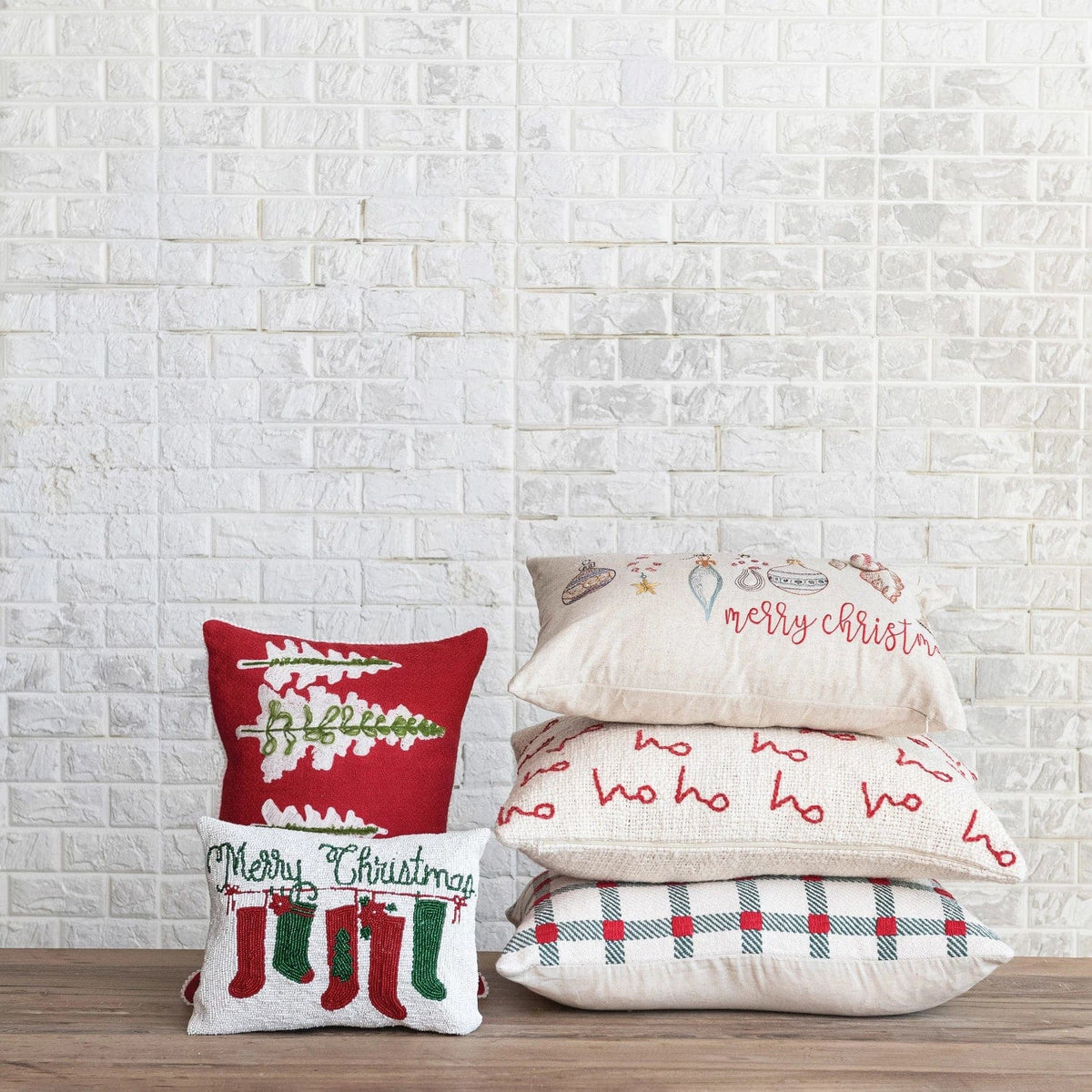 Creative Co-op Creative Co-op Cotton & Linen Lumbar Pillow Embroidered with Ornaments - Little Miss Muffin Children & Home
