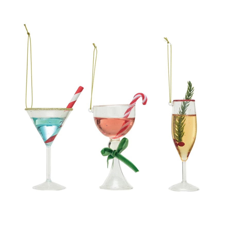 Creative Co-op Creative Co-op Glass Holiday Cocktail Ornament with Glitter, 3 Styles - Little Miss Muffin Children & Home