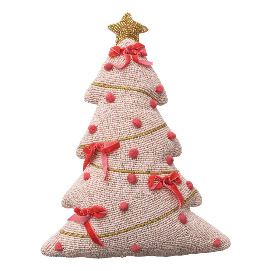 pink beaded tree pillow with bows