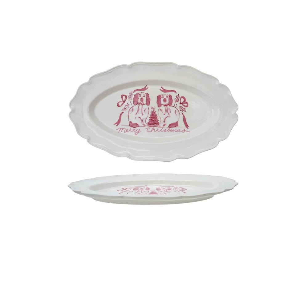 Merry Christmas Stoneware Scalloped Platter with Staffordshire Dogs
