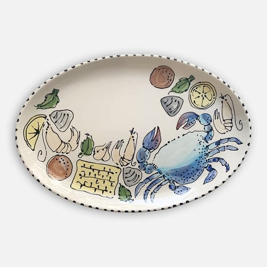 Magnolia Creative Co Summer Seafood Oval Platter, hand-painted blue crab seafood boil design