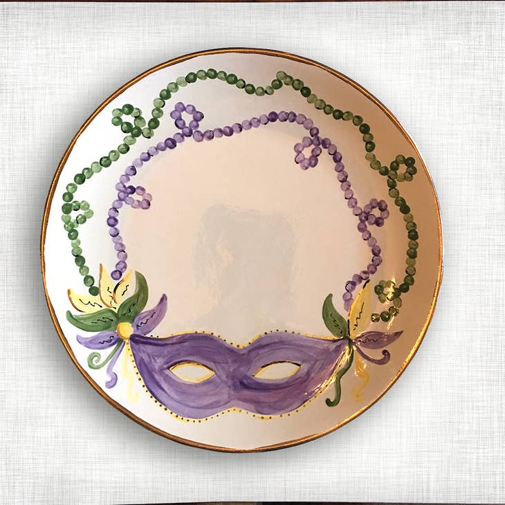 Magnolia Creative Co Mardi Gras Mask Round Platter, hand-painted with 22k gold trim