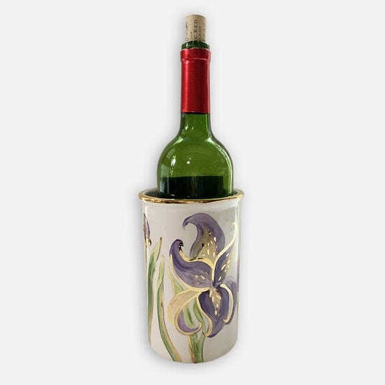 Magnolia Creative Co Iris Wine Chiller, hand-painted ceramic with purple iris and 22k gold trim