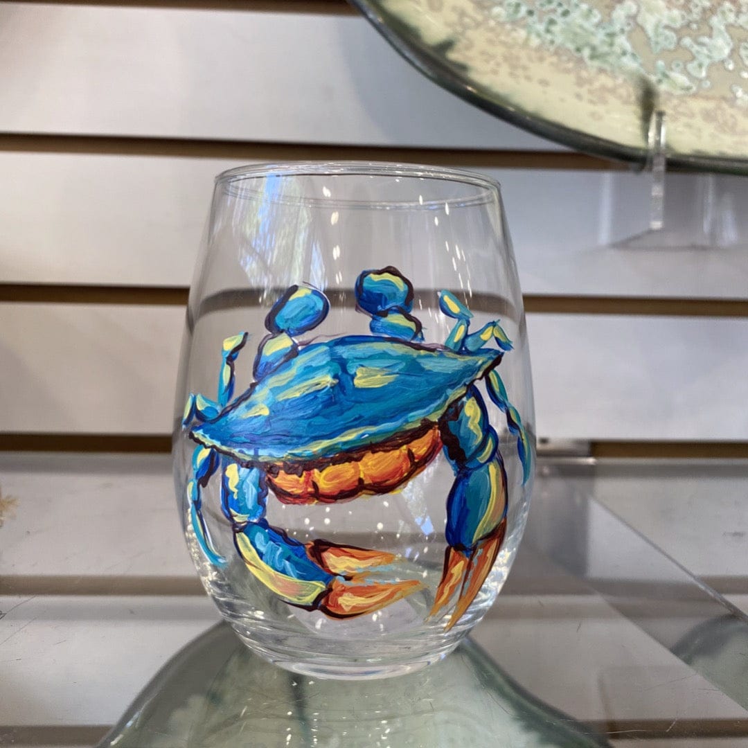 Michelle's Art Box Blue Crab Glassware Hand Painted Stemless Wine Glass New Orleans Artist - Little Miss Muffin Children & Home