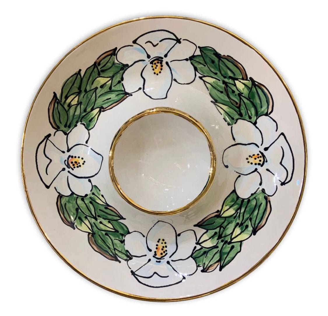 Magnolia Creative Co Magnolia Chip and Dip, hand-painted magnolia wreath with 22k gold edge