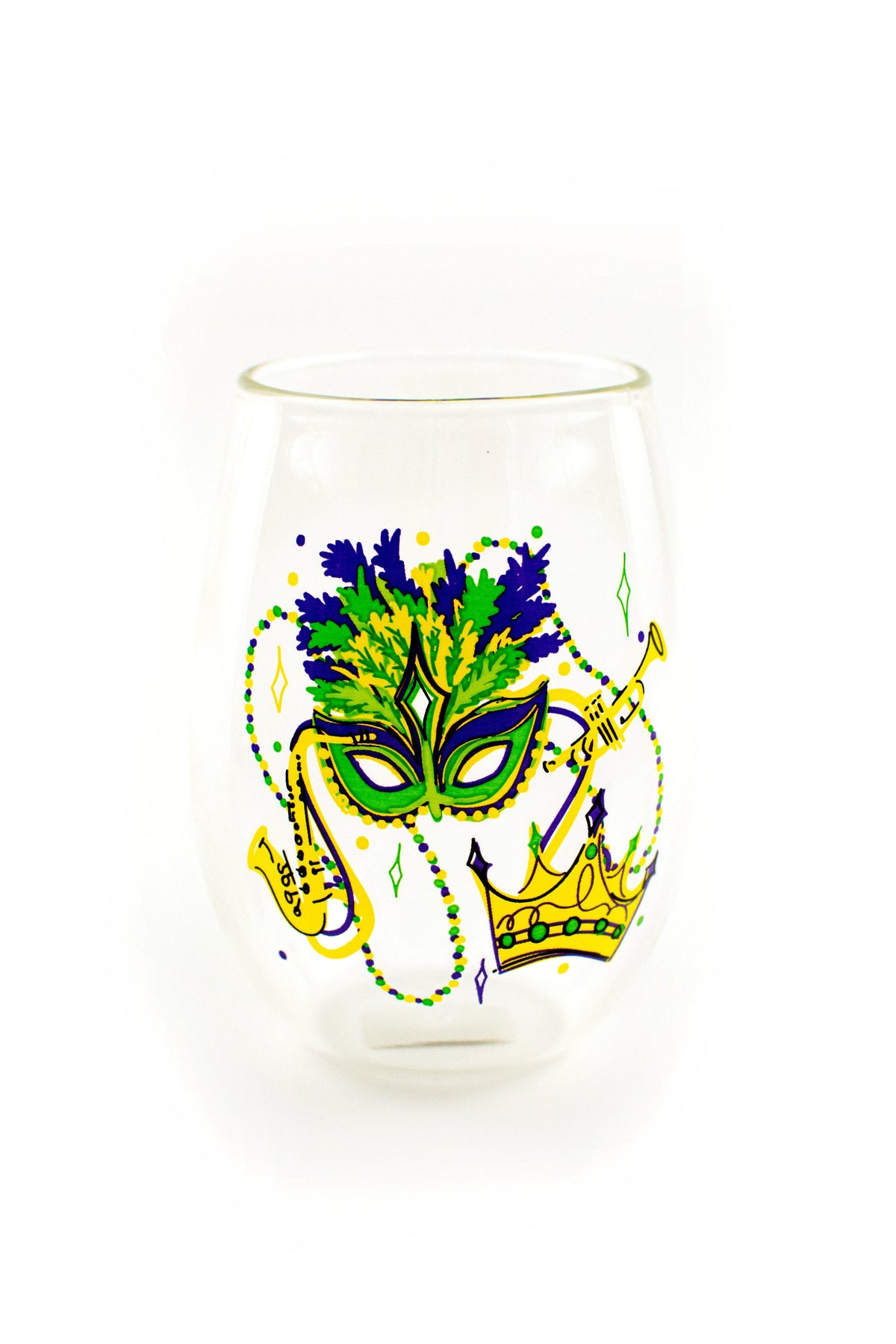 SLV - Second Line Ventures The Parish Line Mardi Gras Mask Stemless Wine Glass - Little Miss Muffin Children & Home