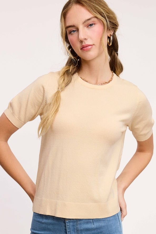 La Miel La Miel Short Sleeve Knit Sweater in Soy Latte - Little Miss Muffin Children & Home