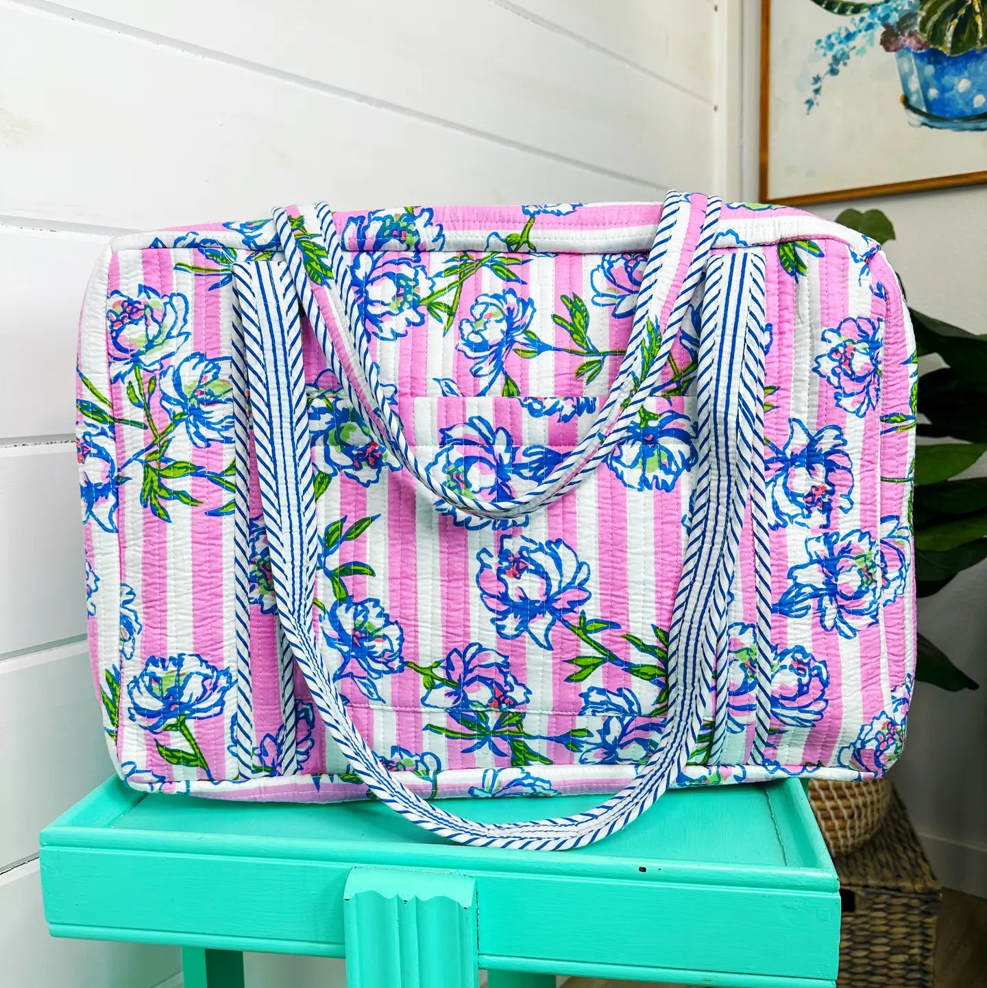 Peony Pink Stripe Handmade Quilted Weekender Duffle Bag