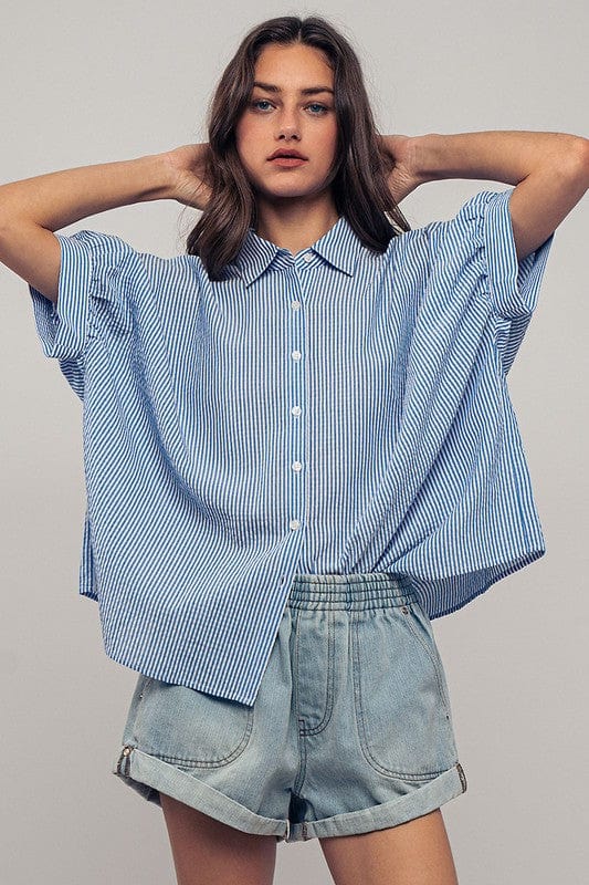 Urban Daizy Urban Daizy Boxy Pinstriped Cuff Shirt in Blue & White - Little Miss Muffin Children & Home