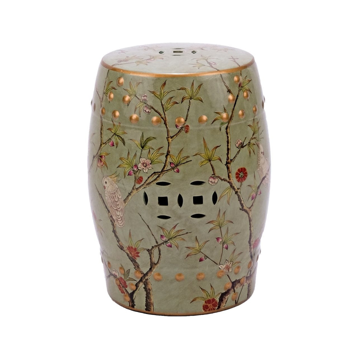 Green Gilt Garden Stool — Parrot Floral Motif