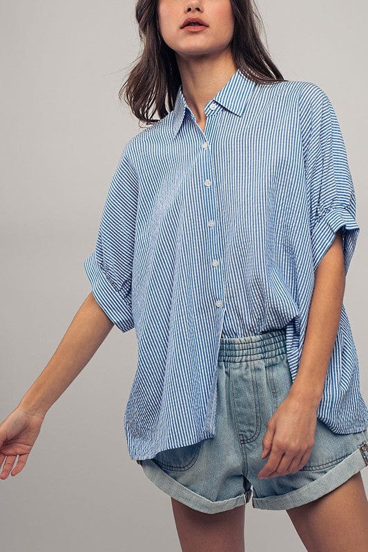 Urban Daizy Urban Daizy Boxy Pinstriped Cuff Shirt in Blue & White - Little Miss Muffin Children & Home