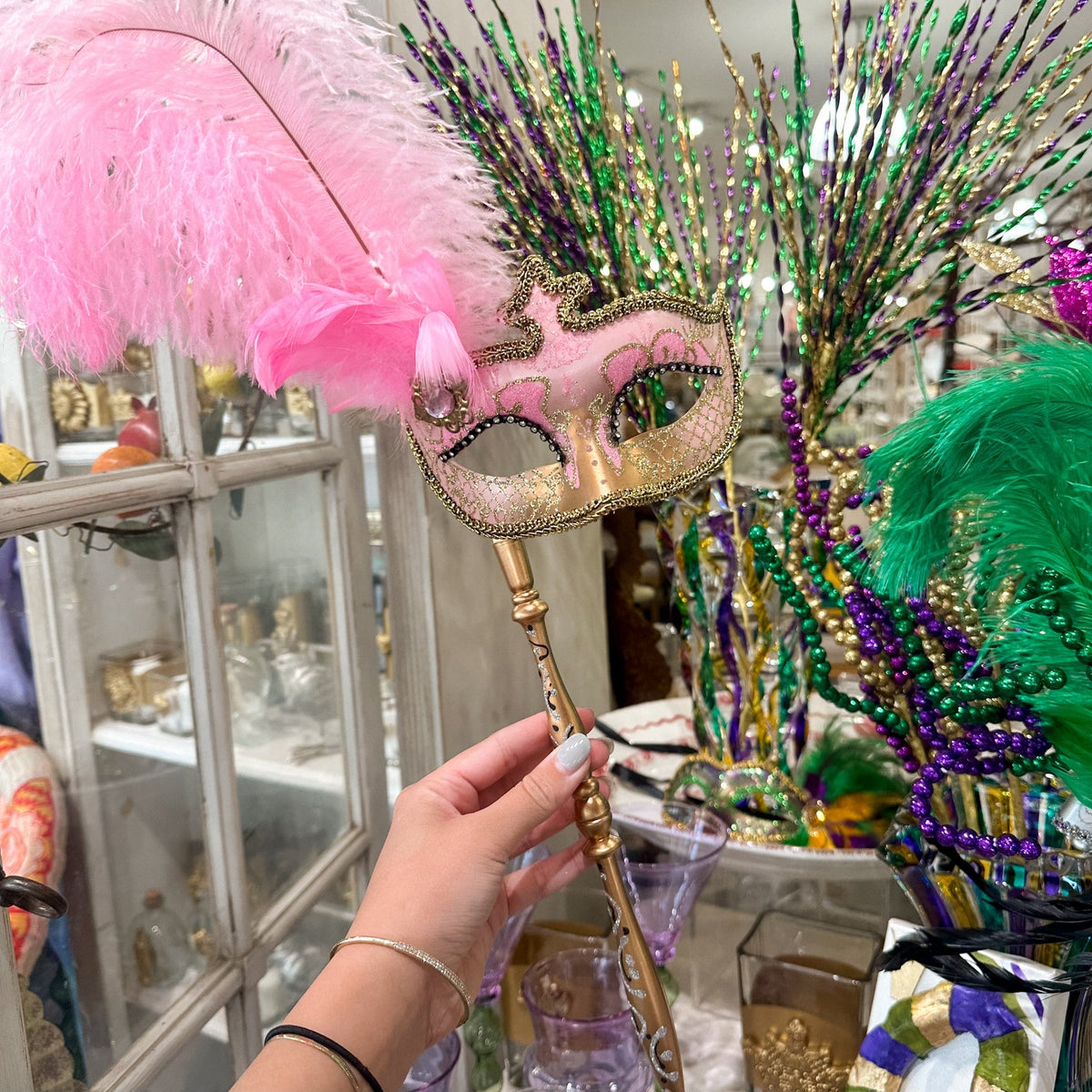 Mardi Gras Creations Light Pink & Gold Anarkali Mask with Feathers & Detachable Stick - Little Miss Muffin Children & Home