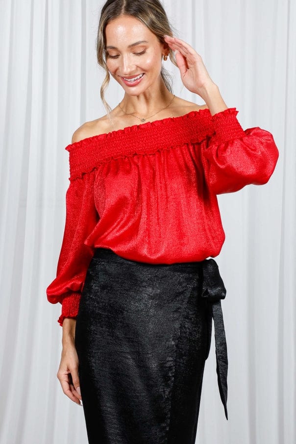 Vine & Love Vine & Love Smocked Off-the-Shoulder Metallic Blouse in Red - Little Miss Muffin Children & Home