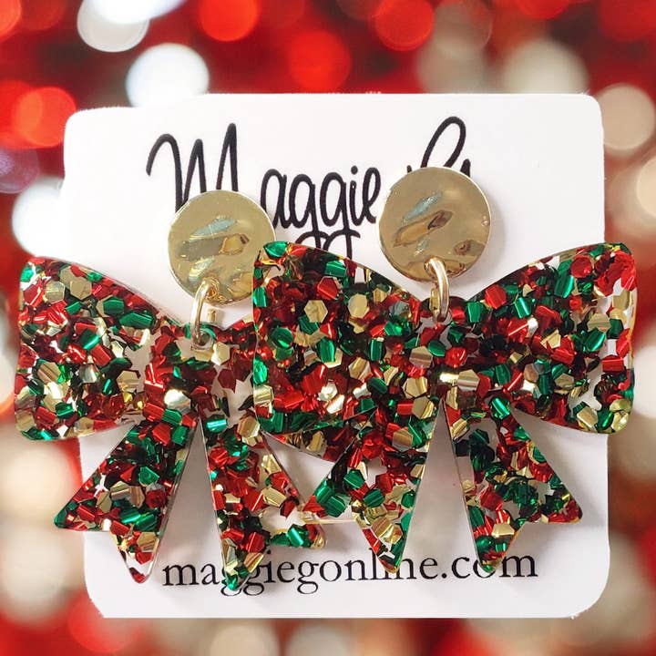 Maggie G Chunky Multi Color Glitter Bow Christmas Earrings - Little Miss Muffin Children & Home