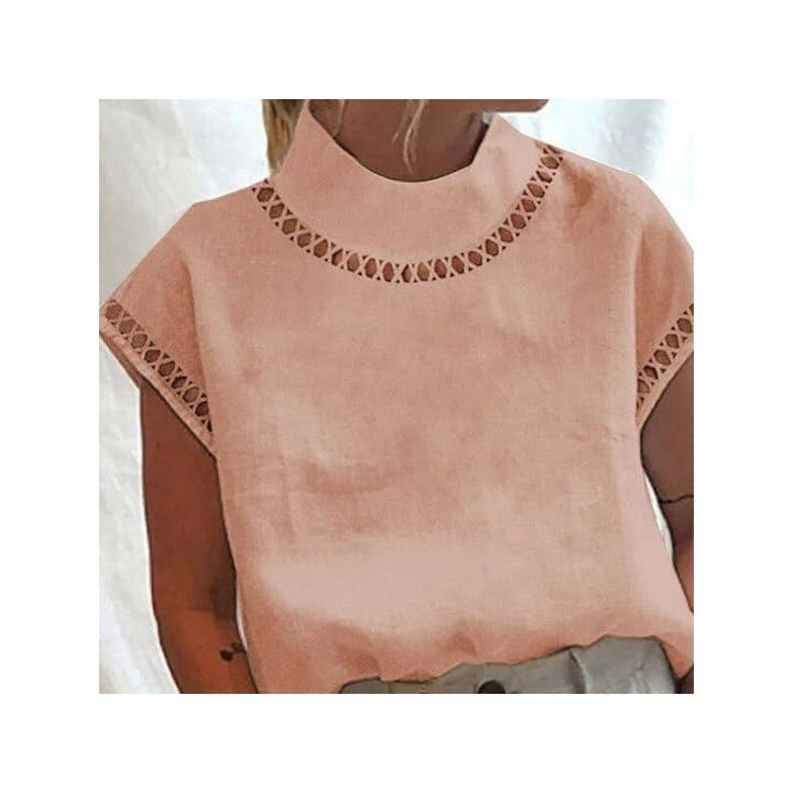pink high neck blouse with key hole details
