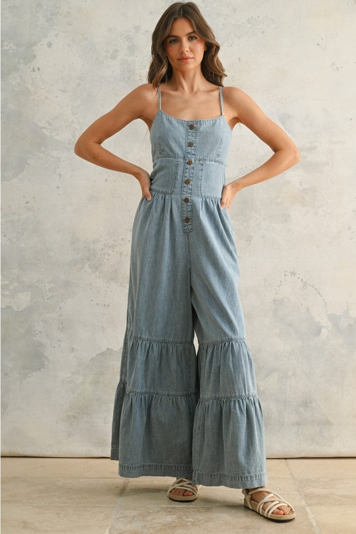 Miou Muse Tiered Bottom Detail Chambray Denim Jumpsuit - Little Miss Muffin Children & Home