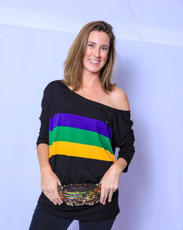 Mardi Gras Creations Mardi Gras Creations Mardi Gras Stripe Off Shoulder Jersey Top in Black - Little Miss Muffin Children & Home