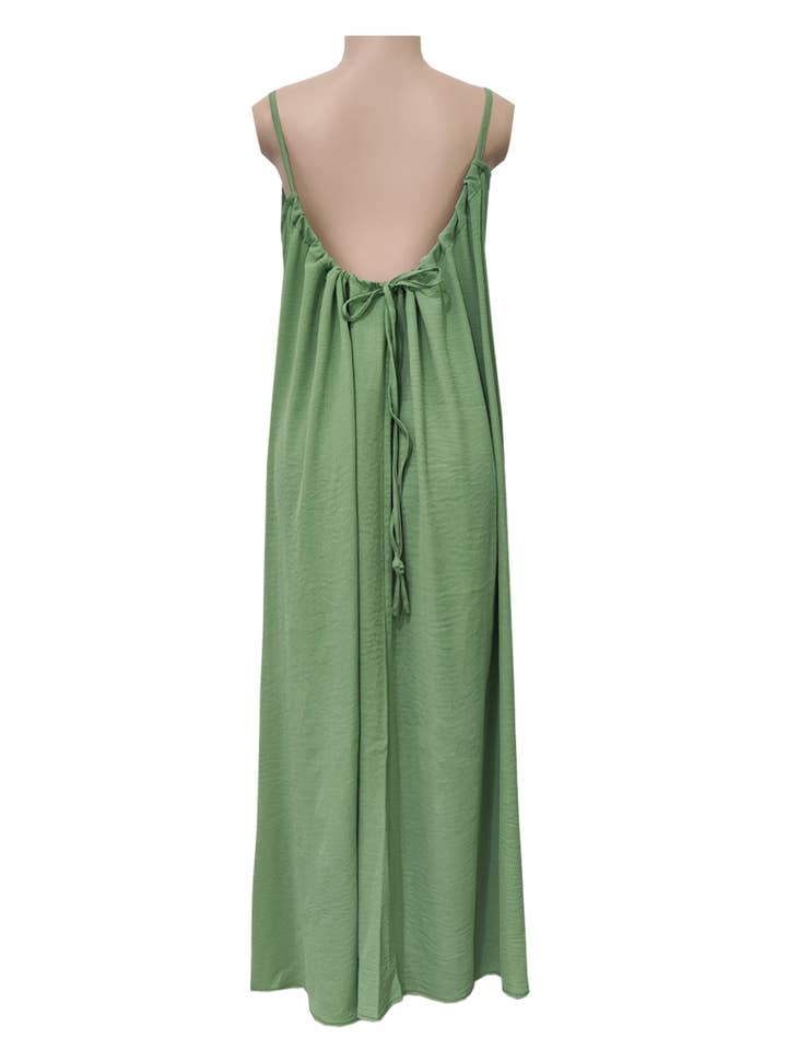 Boho Beach Backless Tie Cami Maxi Dress in Green