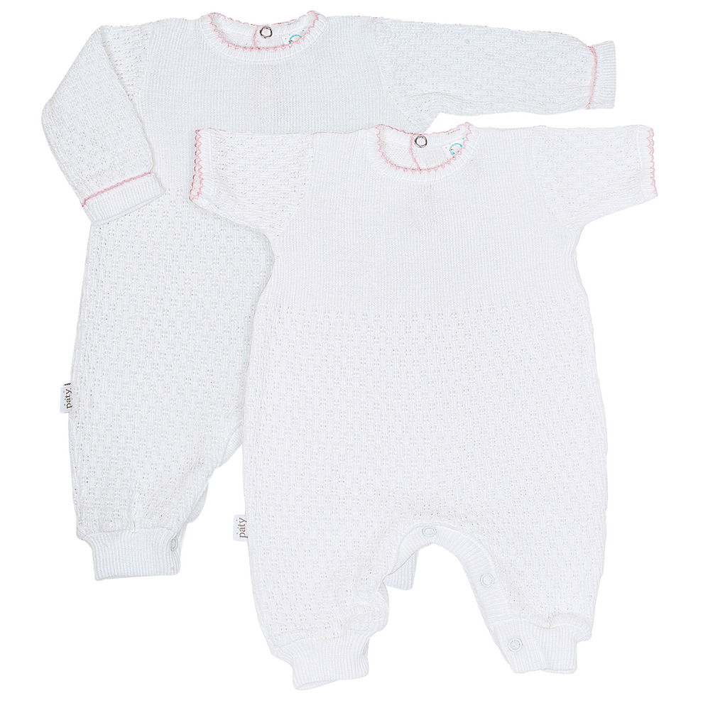 Paty, Inc. White Long Sleeve Romper with Key Hole Back Pink Picot Trim - Little Miss Muffin Children & Home