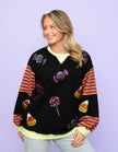 Women's Trick or Treat Sequin Design Striped Sleeve Black Pullover