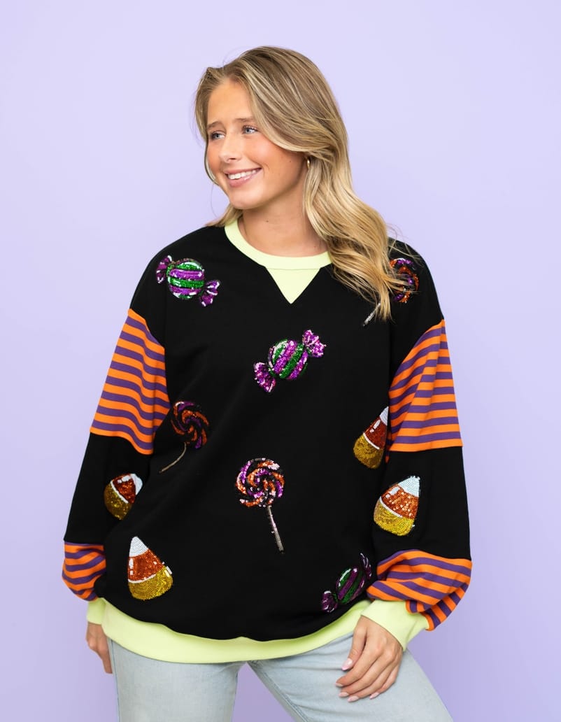 Women's Trick or Treat Sequin Design Striped Sleeve Black Pullover