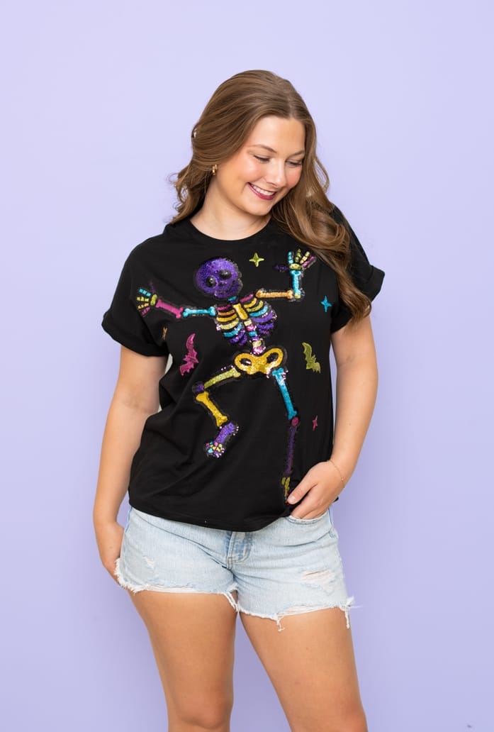Women's Boogie Bones Sequin Design Cuff Sleeve Black Tee