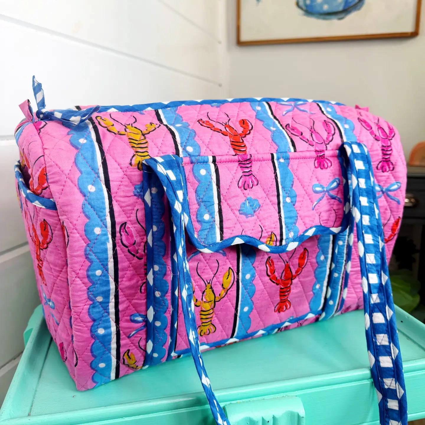 Pink Lobster Quilted Overnight Mini Duffle Bag
