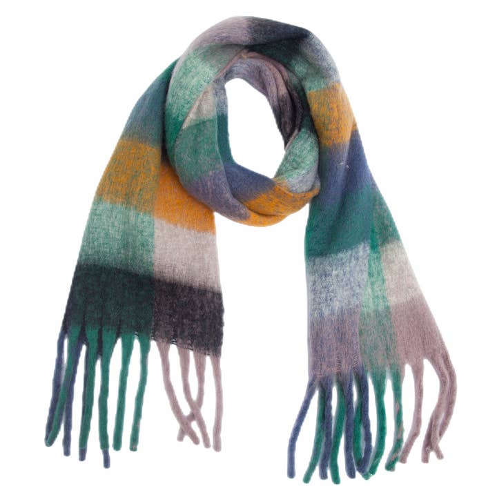 Accity Green/Yellow Chunky Plaid Mohair-Look Scarf with Fringe - Little Miss Muffin Children & Home