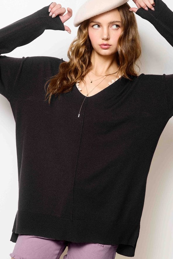 La Miel La Miel Lightweight V-Neck Sweater in Black - Little Miss Muffin Children & Home