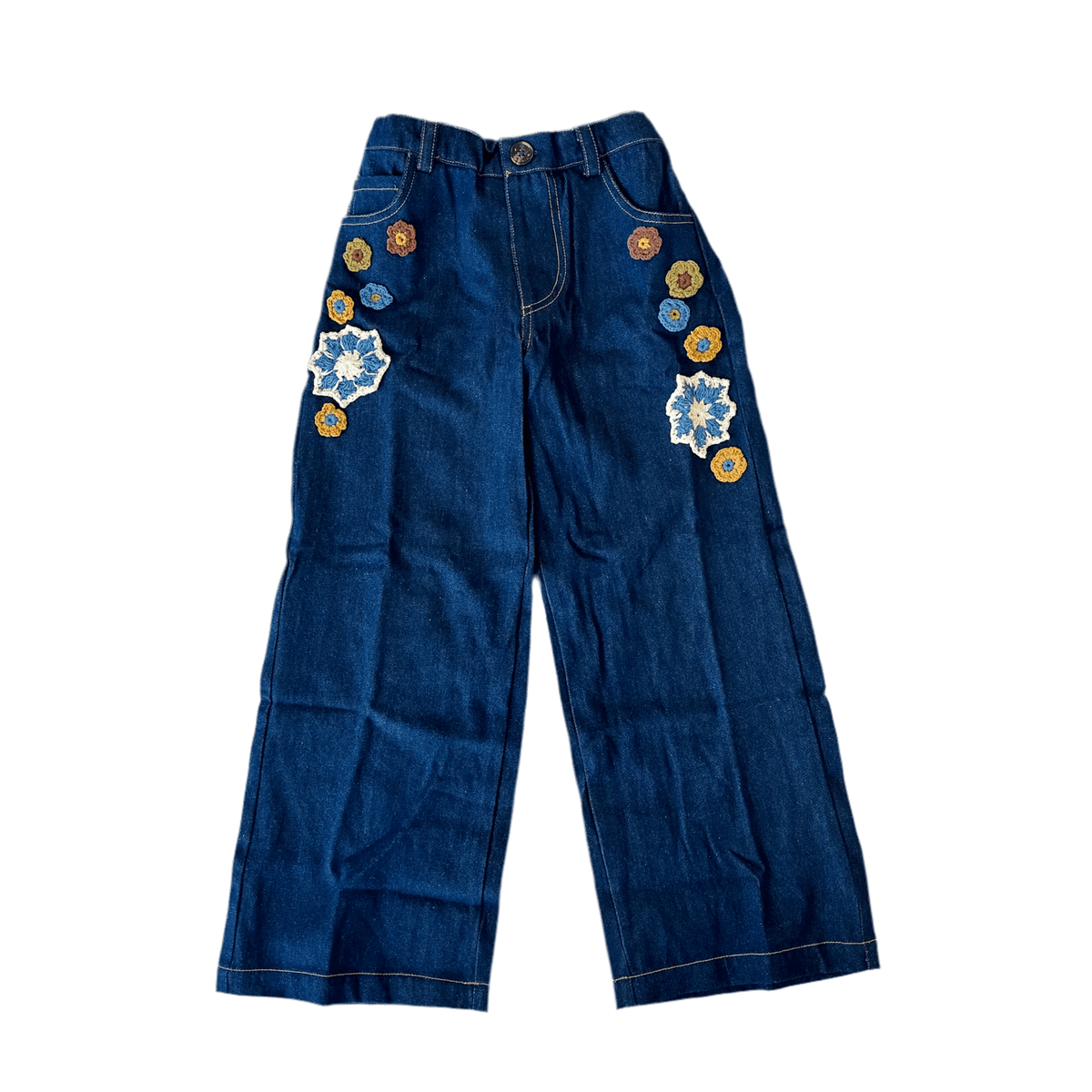 Blue denim pants with floral patches 