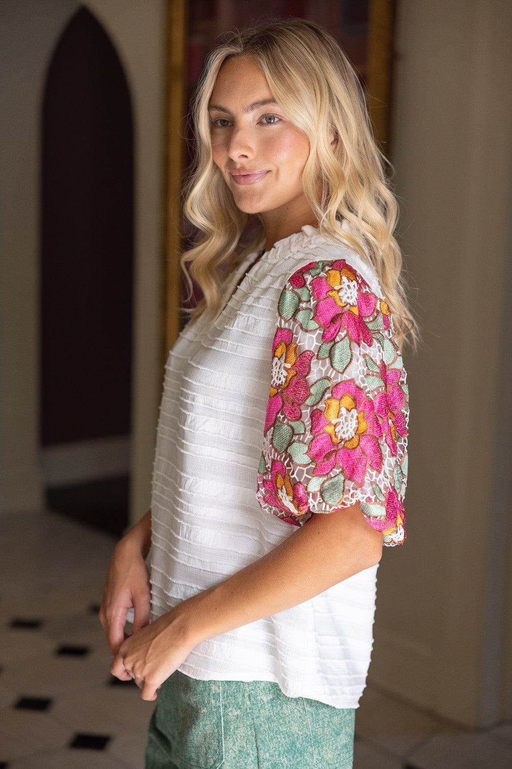 Floral Embroidered Bubble Sleeve Top