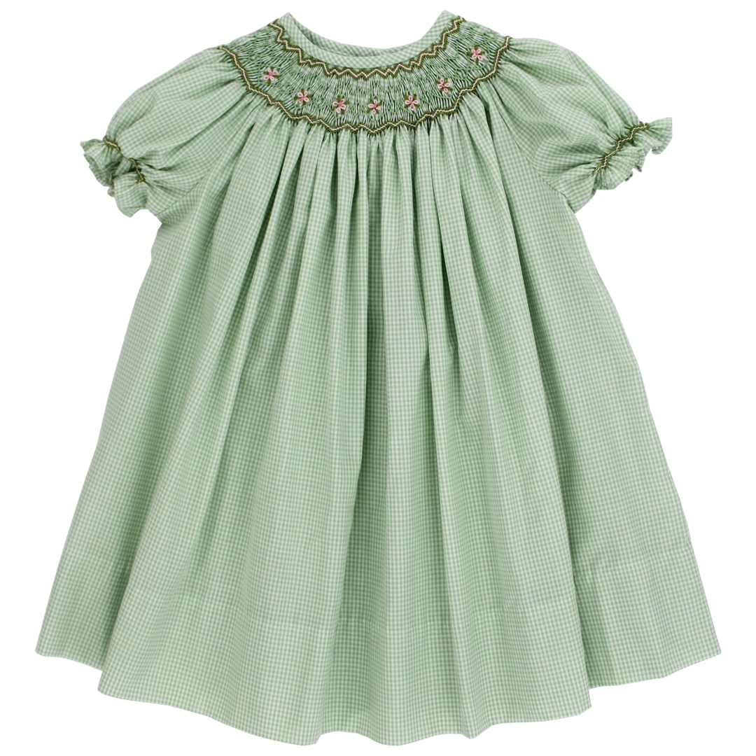 Tinker Check Soft Green Microcheck Bishop Dress for toddler girls by Bailey Boys