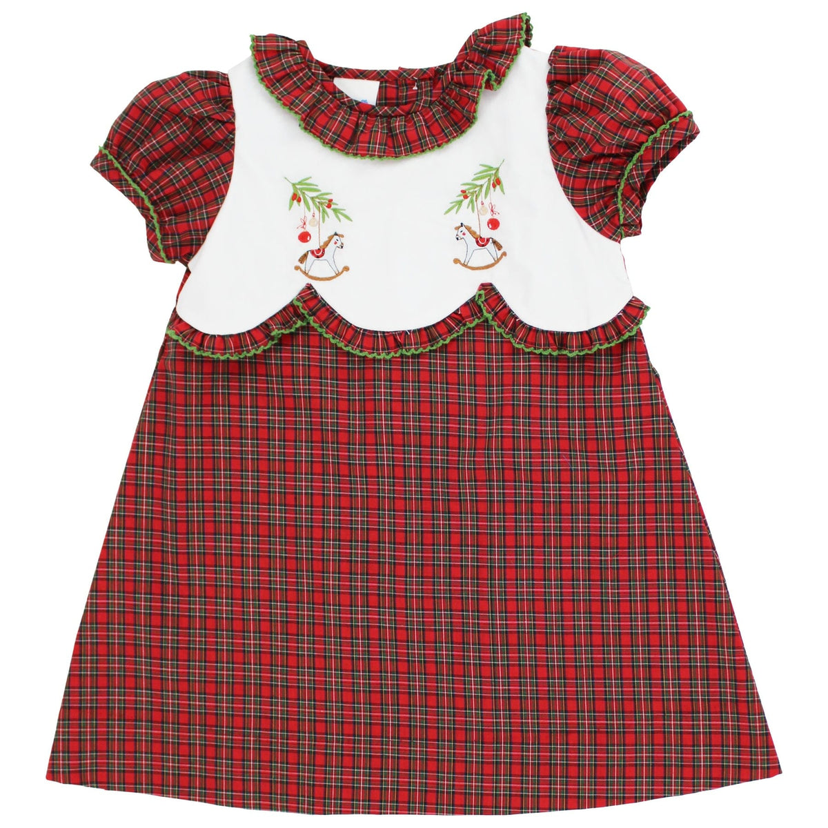 Holiday Rocking Horse Red Tartan Plaid A-Line Dress for toddler girls by Bailey Boys