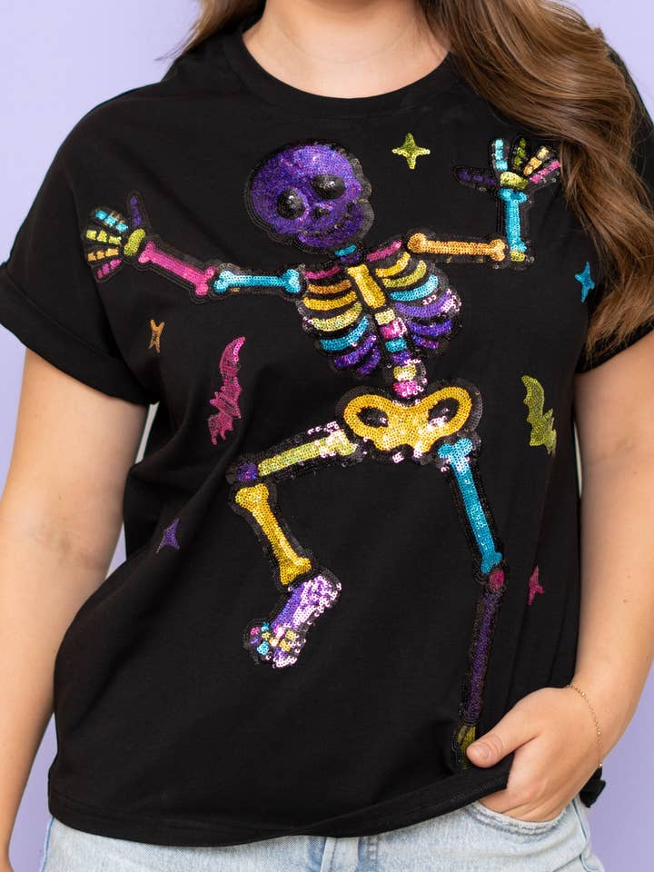 Women's Boogie Bones Sequin Design Cuff Sleeve Black Tee