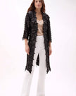 Faux Leather Leaves 3/4 Sleeves Long Jacket in Black