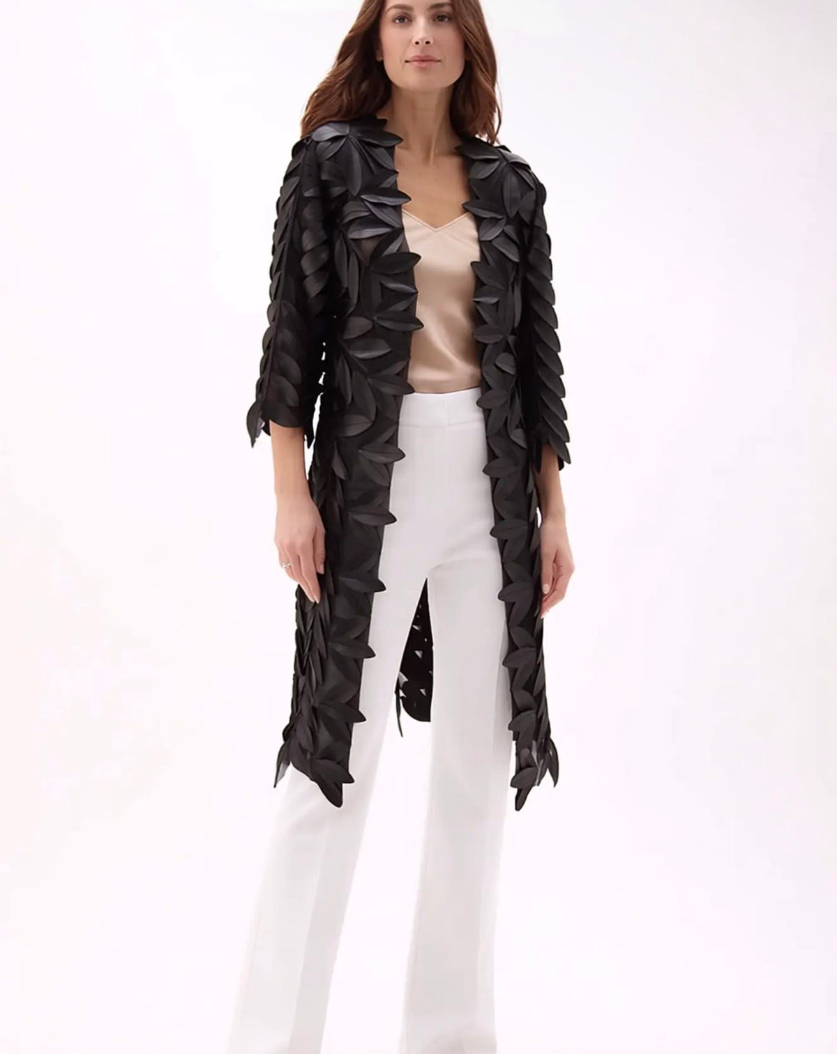 Faux Leather Leaves 3/4 Sleeves Long Jacket in Black