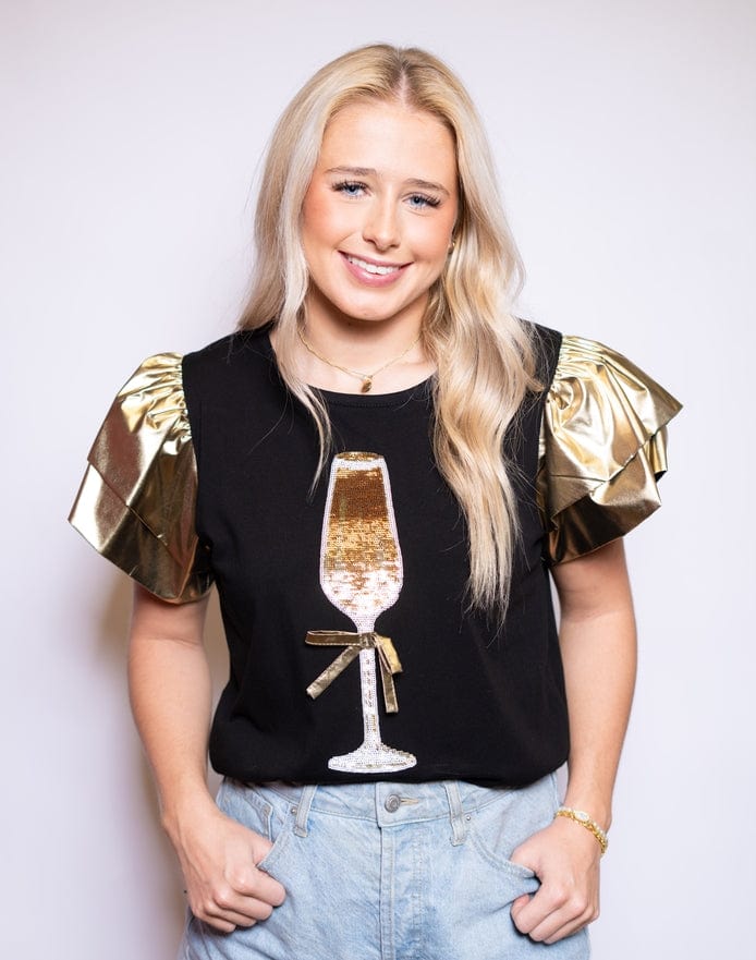 Bomb Designs Bomb Designs Sequin Cheers Women's Metallic Ruffle Sleeve Tee - Little Miss Muffin Children & Home