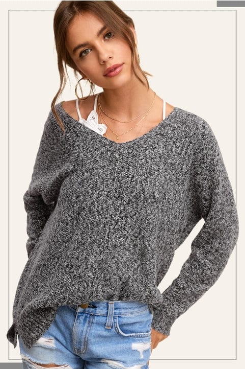 black loose v neck sweater top