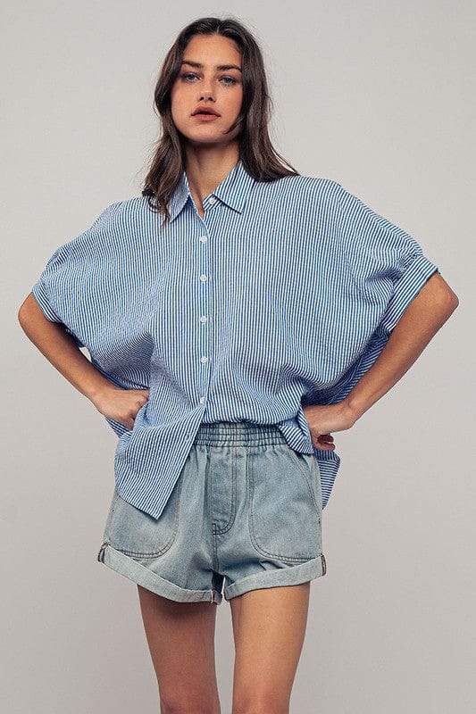 Urban Daizy Urban Daizy Boxy Pinstriped Cuff Shirt in Blue & White - Little Miss Muffin Children & Home