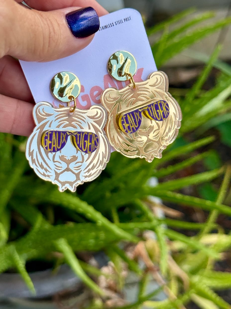 Geaux Magnolia Geaux Magnolia LSU Tiger Dangle Earrings – Gold & Purple Geaux Tigers - Little Miss Muffin Children & Home