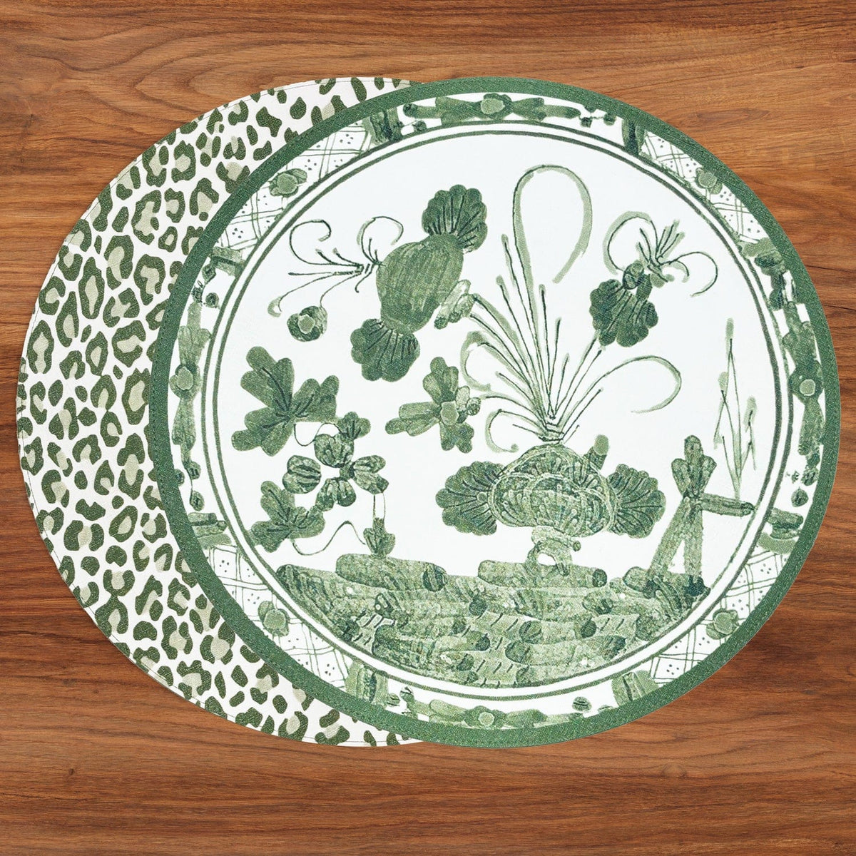 Vida Faenza and Leopard Reversible Placemats Set of 4 White & Green