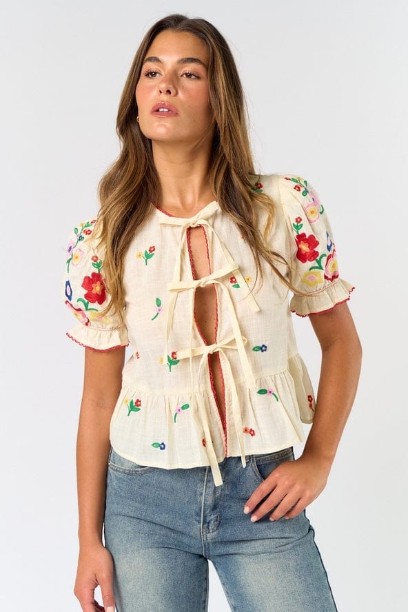 Lalavon Lalavon Tie Front Embroidered Top - Little Miss Muffin Children & Home