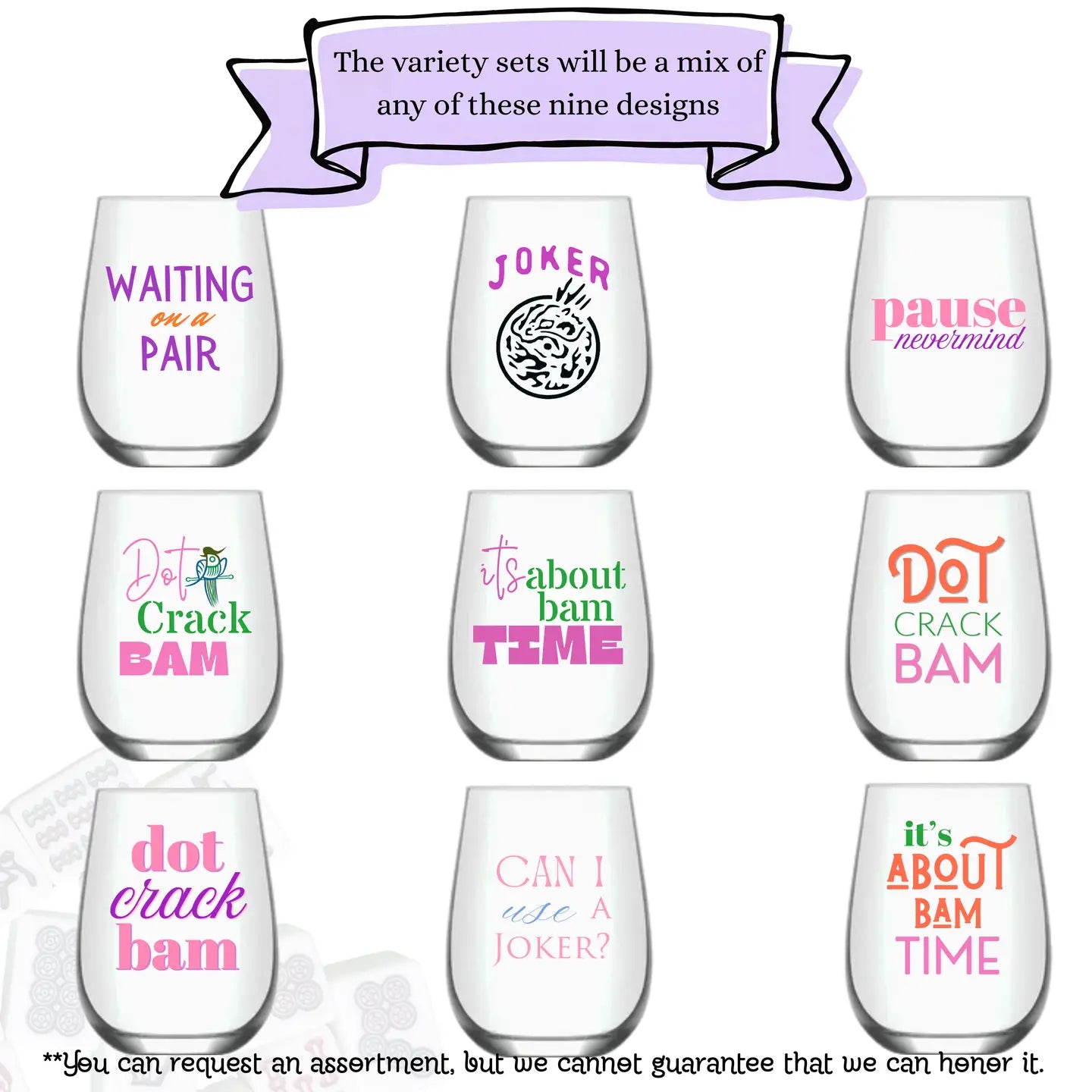 Mahjong Stemless 4ct Variety Mix Set Plastic Wine Glasses